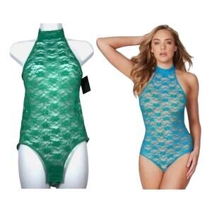 Frederick's Of Hollywood Bodysuit Medium Margarita Green Lace Mesh Sexy Lingerie
